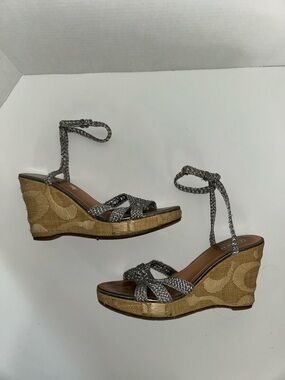 Coach Silver Braided Ankle-Tie Wedge Sandals